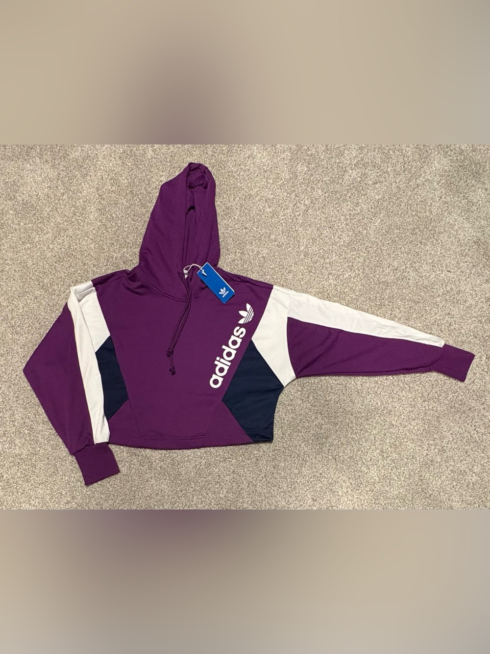 Adidas Women’s Purple and Navy Colorblock Cropped Hoodie with White Logo Size XS